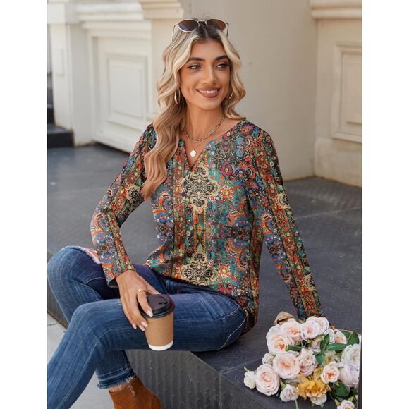 Long Sleeve Women's Shirt V Neck Casual Fall Dressy Blouse Trendy Work - Picture 5 of 6